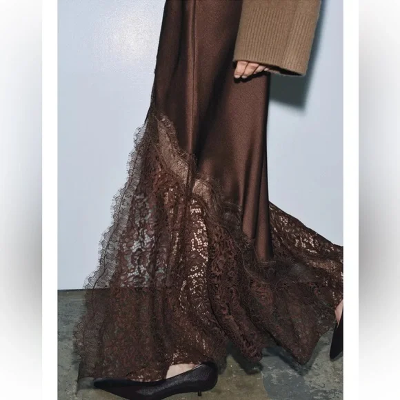 ZARA SATIN EFFECT LACE SKIRT ZW COLLECTION BROWN SMALL - Picture 8 of 11